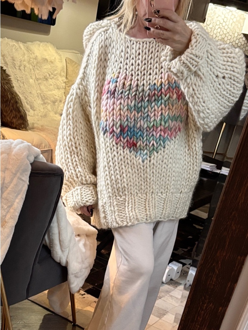 SOLD ~ Cozy Cream Chunky Knit Hoodie Sweater with Pastel Heart Boyfriend Sweater
